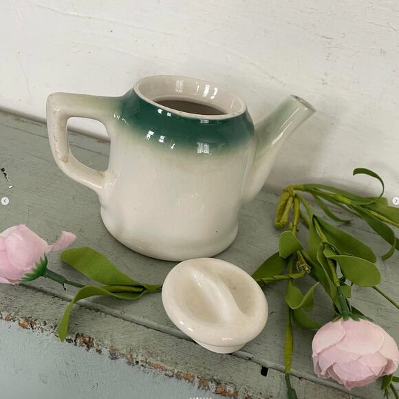 Vintage Ceramic Teapot Individual Green Rim Lid Restaurant Ware Sexton USA - Picture 3 of 7